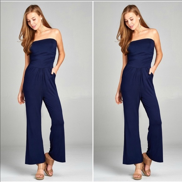 navy strapless jumpsuit
